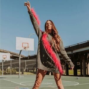 NEW Queen of Sparkles XS gray sweater dress with diagonal pink feather accent